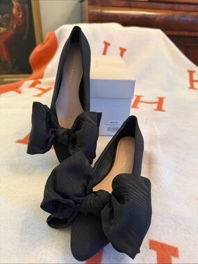Loeffler Randall Black Bow Pointed-Toe Low Block Heel Pumps